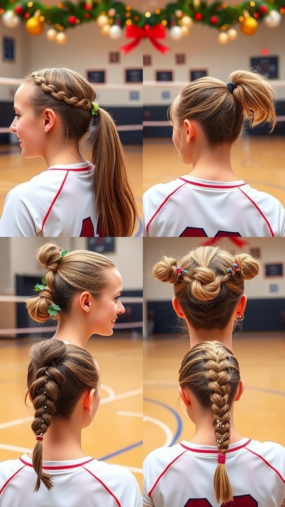 Collage of festive volleyball hairstyles for Christmas, including braids and ponytails.